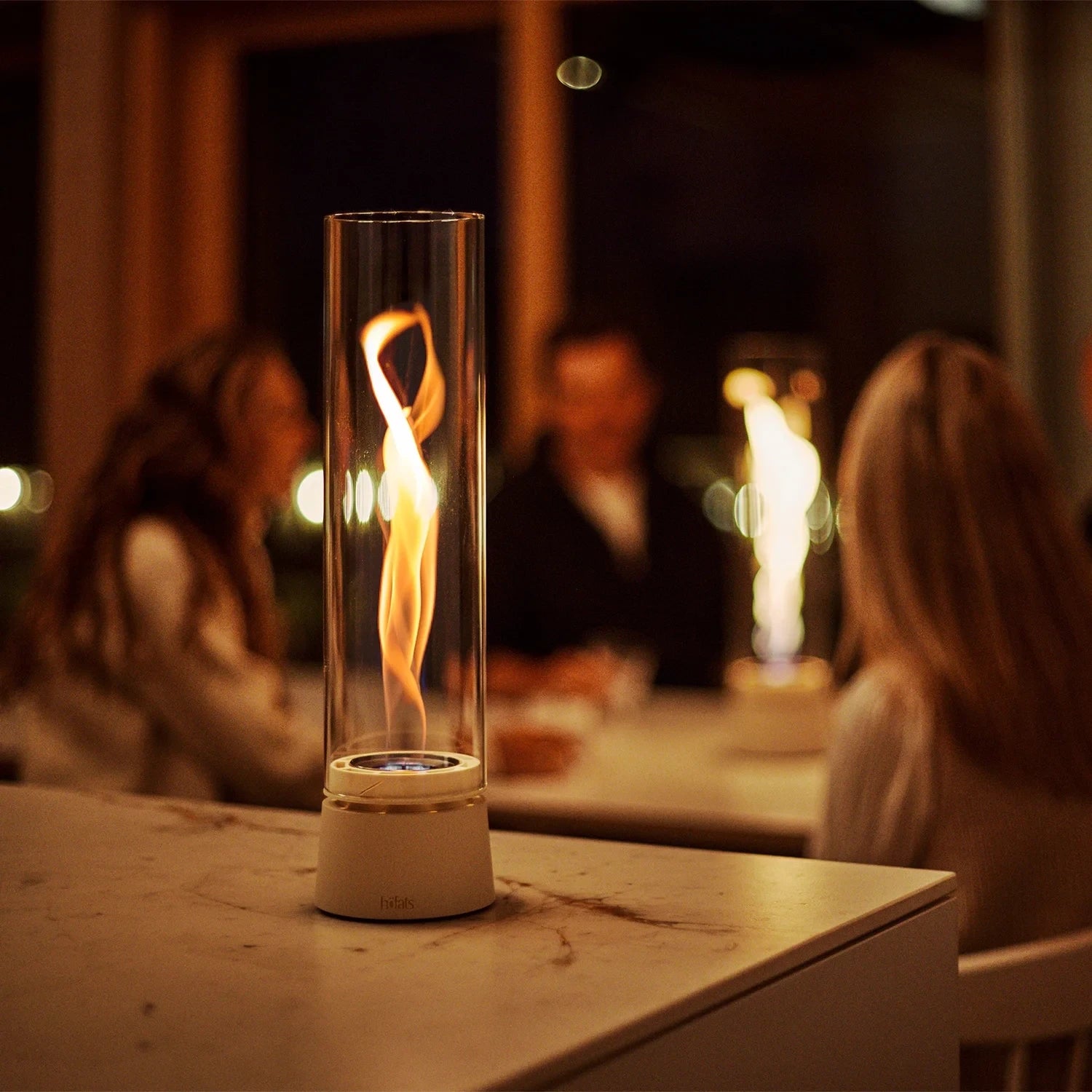Höfats SPIN Air 900 Cream White Table Biofireplace with Tall Cylindrical Glass and rotating flames