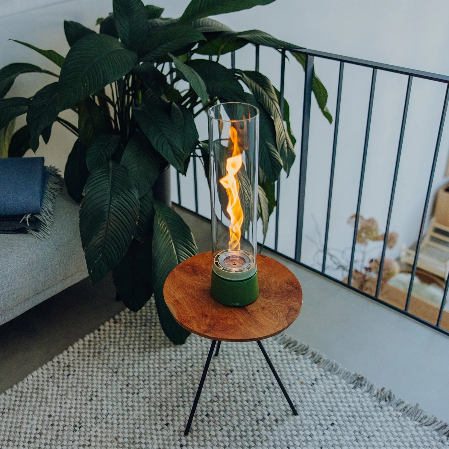 Höfats SPIN Air 1200 - Green table bio fireplace with high cylindrical glass