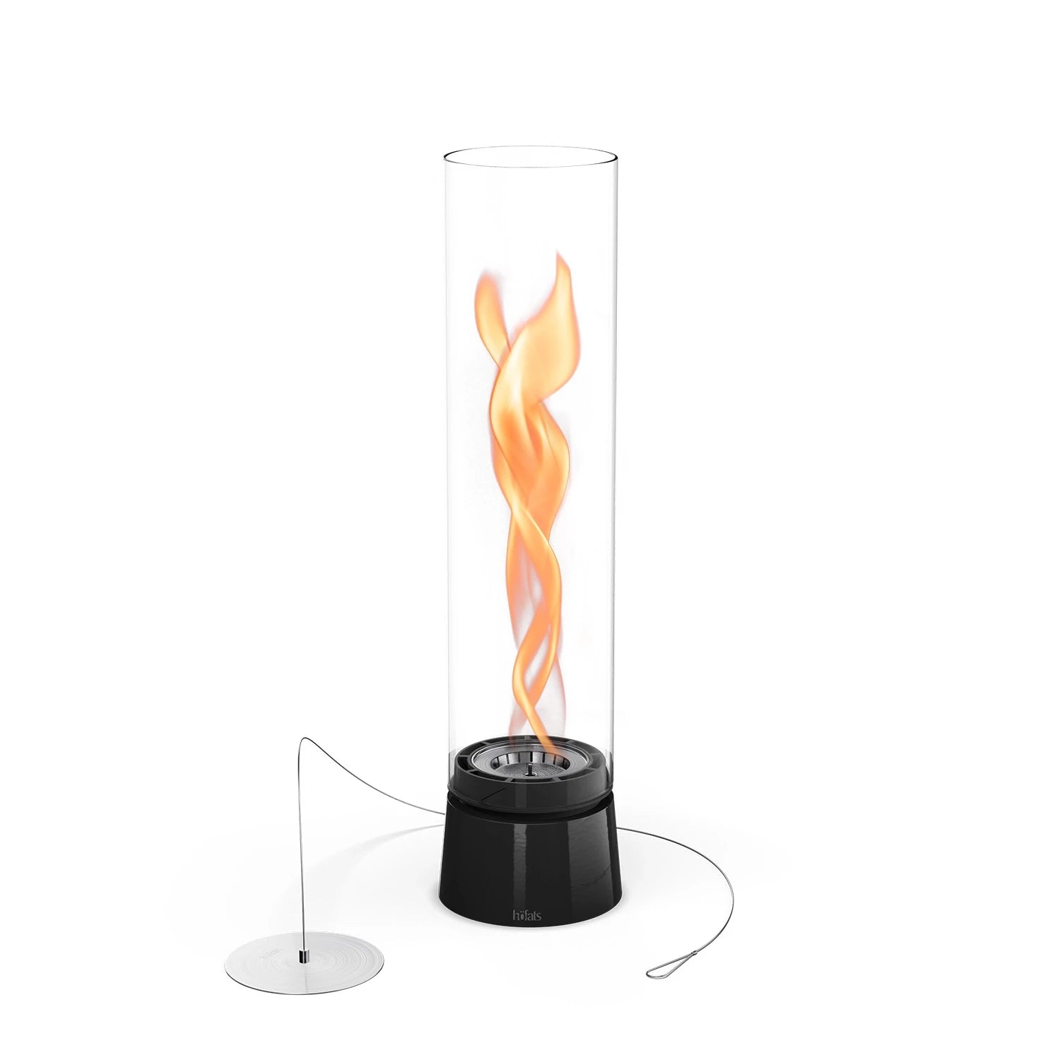 Höfats SPIN Air 1200 - Black tabletop bioethanol fireplace with tall cylindrical glass.