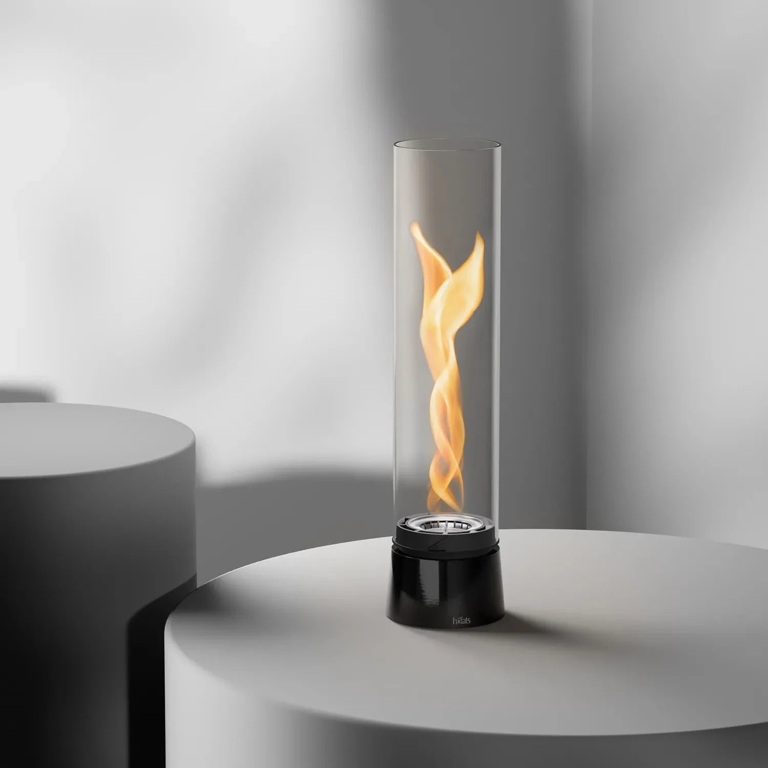 Höfats SPIN Air 900 black tabletop bioethanol fireplace with tall cylindrical glass