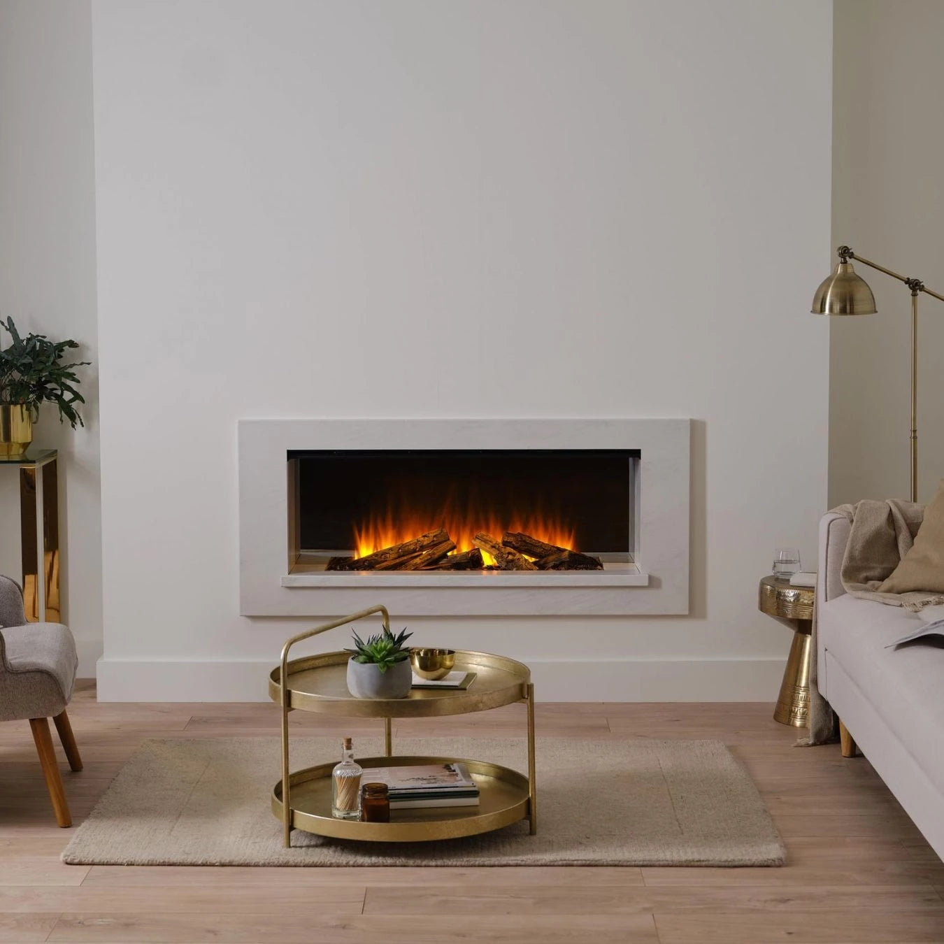 Holbury 1200 White Marble front-open built-in electric fireplace suite with painted marble-effect MDF frame and realistic oak lo