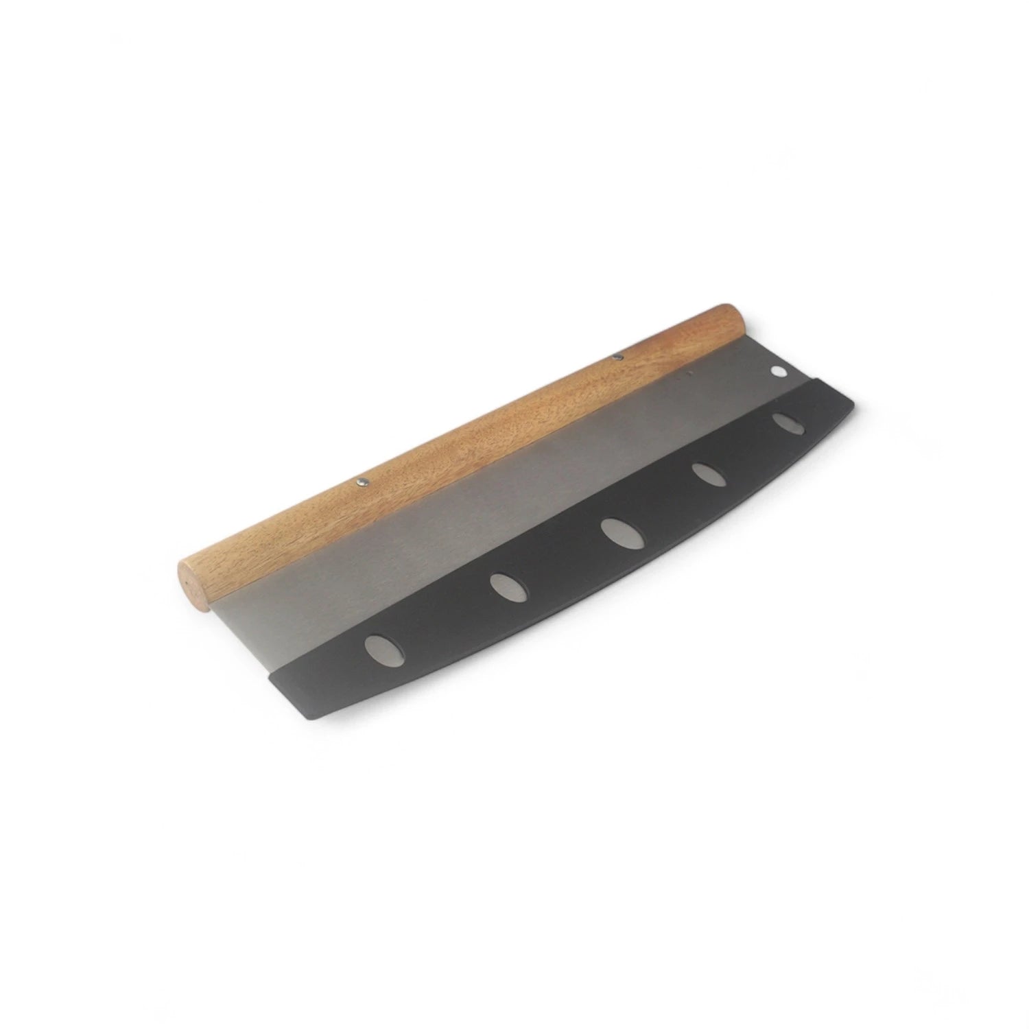 Curved stainless‑steel pizza cutter with wooden handle