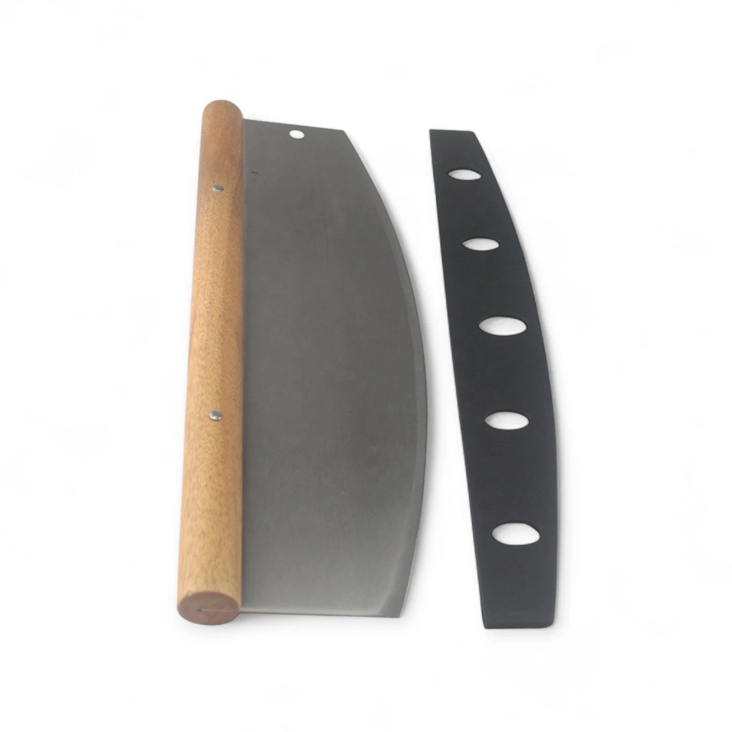 Curved stainless‑steel pizza cutter with wooden handle