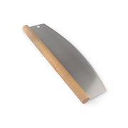 Curved stainless‑steel pizza cutter with wooden handle