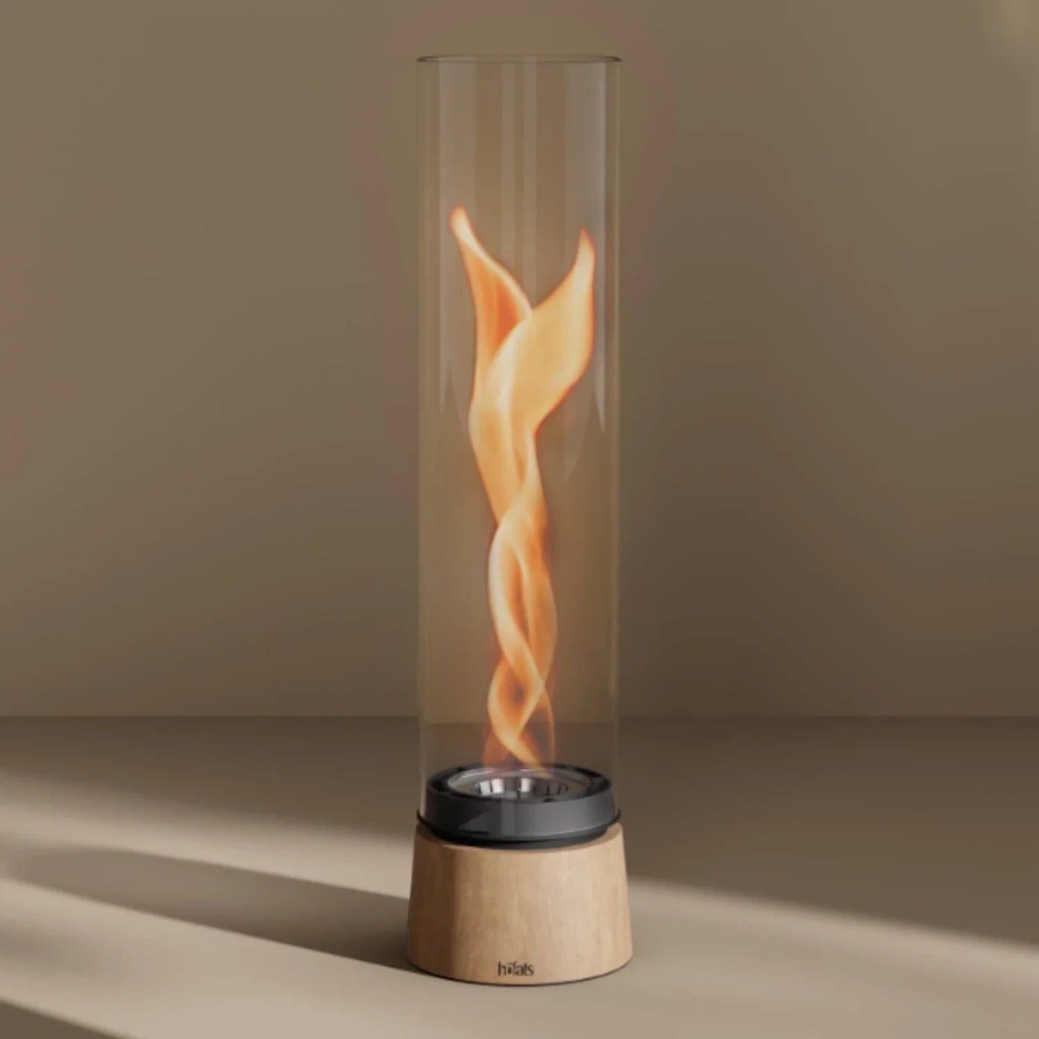 Höfats SPIN Air 900 Oak Wood Table Fireplace with Tall Cylindrical Glass