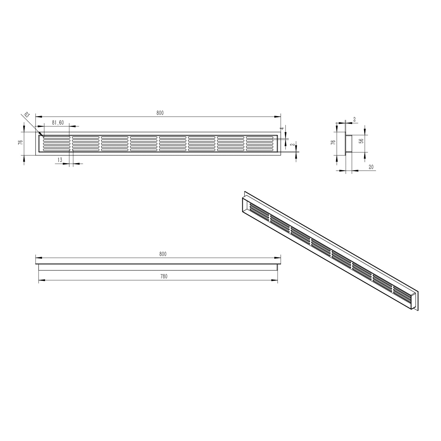 Ventilationsgaller Svart - 80x7,6 cm - 210 cm²