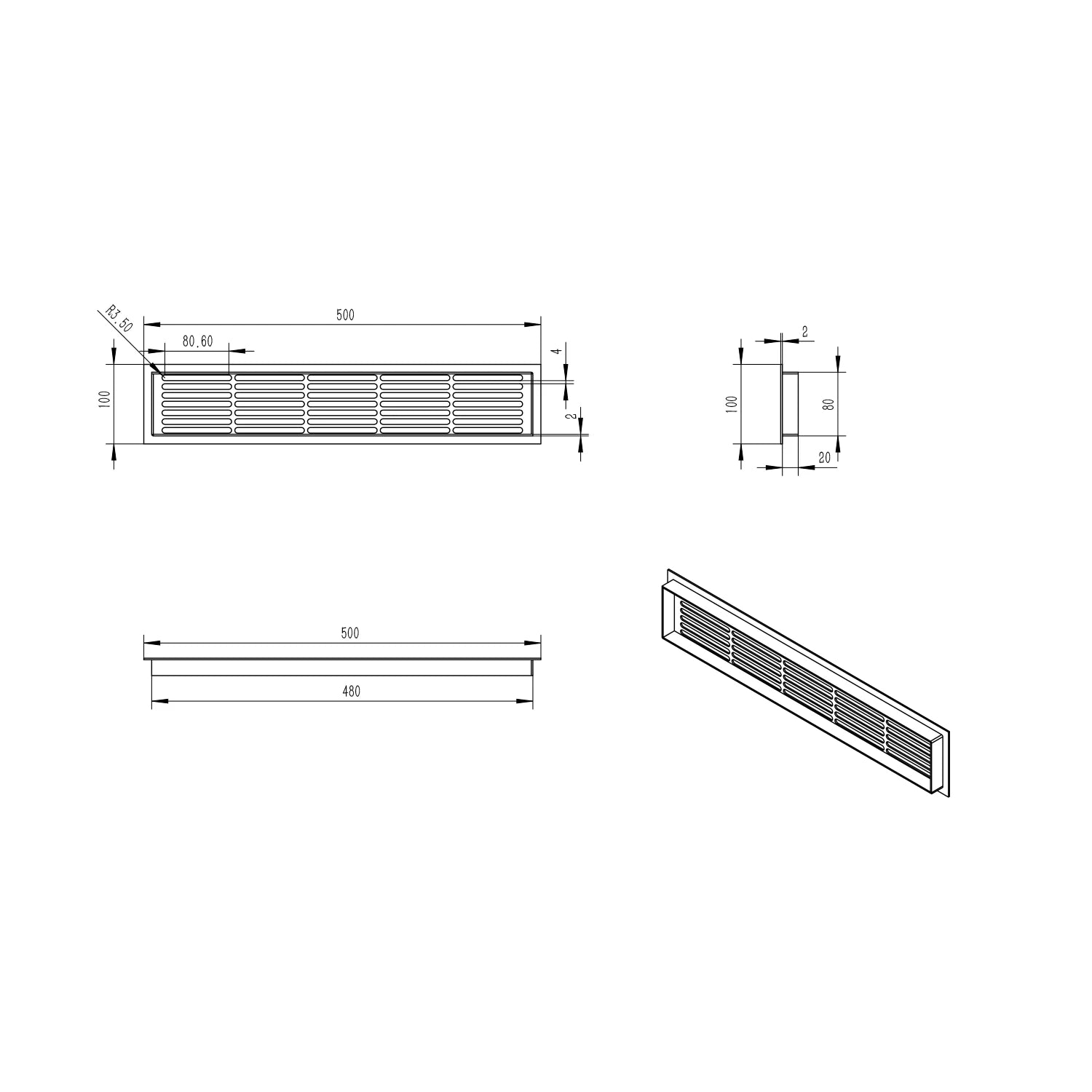 Ventilationsgaller Svart - 50x10 cm - 214 cm²