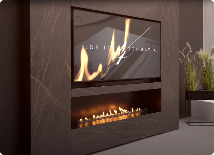 Nex Media Wall with black dekton and bioethanol fire